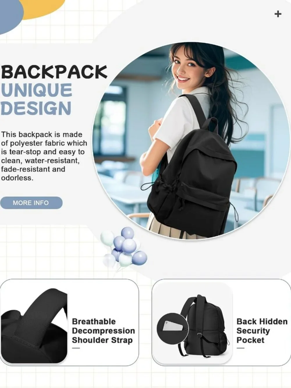 Stylish Waterproof Black Backpack for Girls & Boys - Lightweight School Daypack
